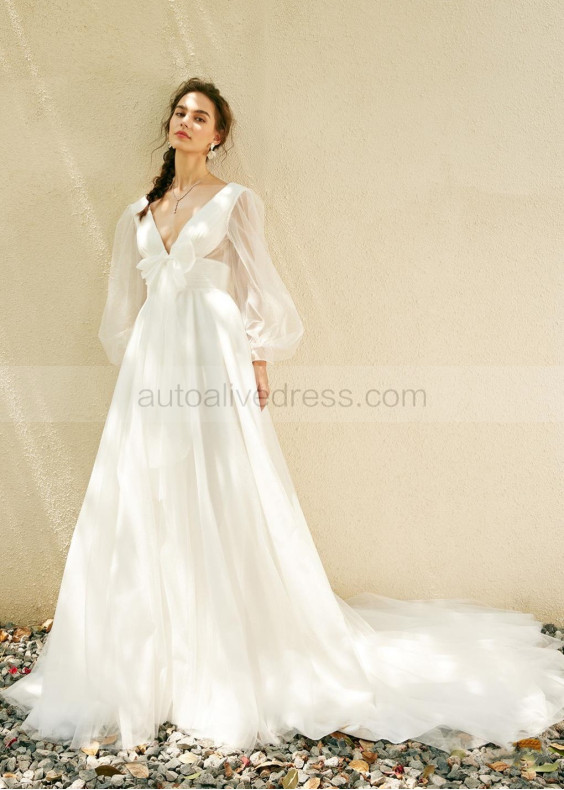 Long Sleeves Ivory Tulle V Back Charming Wedding Dress